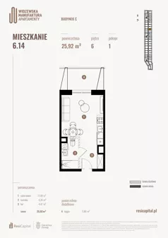 1 pokój, apartament 26,22 m², piętro 6, oferta nr 6.14., Wima Apartments, Łódź, Widzew, Stary Widzew, al. Piłsudskiego 135