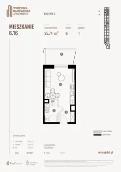 1 pokój, mieszkanie 26,26 m², piętro 6, oferta nr 6.16., Wima Apartments, Łódź, Widzew, Stary Widzew, al. Piłsudskiego 135