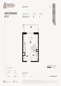 1 pokój, mieszkanie 25,62 m², piętro 6, oferta nr 6.17., Wima Apartments, Łódź, Widzew, Stary Widzew, al. Piłsudskiego 135