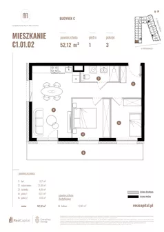 3 pokoje, mieszkanie 52,12 m², piętro 1, oferta nr C1.01.02, Apartamenty Reytana, Bielsko-Biała, ul. Rejtana 3