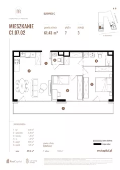 3 pokoje, mieszkanie 61,43 m², piętro 7, oferta nr C1.07.02, Apartamenty Reytana, Bielsko-Biała, ul. Rejtana 3