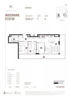 4 pokoje, mieszkanie 70,09 m², piętro 7, oferta nr C1.07.04, Apartamenty Reytana, Bielsko-Biała, ul. Rejtana 3