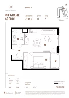 2 pokoje, mieszkanie 36,56 m², piętro 1, oferta nr C2.01.04, Apartamenty Reytana, Bielsko-Biała, ul. Rejtana 3