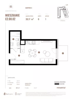 1 pokój, mieszkanie 30,17 m², parter, oferta nr C2.00.02, Apartamenty Reytana, Bielsko-Biała, ul. Rejtana 3