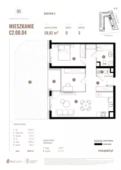 3 pokoje, mieszkanie 58,82 m², parter, oferta nr C2.00.04, Apartamenty Reytana, Bielsko-Biała, ul. Rejtana 3