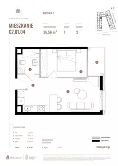2 pokoje, mieszkanie 36,56 m², piętro 1, oferta nr C2.01.04, Apartamenty Reytana, Bielsko-Biała, ul. Rejtana 3