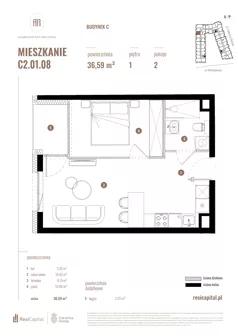 2 pokoje, mieszkanie 36,59 m², piętro 1, oferta nr C2.01.08, Apartamenty Reytana, Bielsko-Biała, ul. Rejtana 3