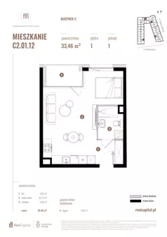 1 pokój, mieszkanie 33,46 m², piętro 1, oferta nr C2.01.12, Apartamenty Reytana, Bielsko-Biała, ul. Rejtana 3