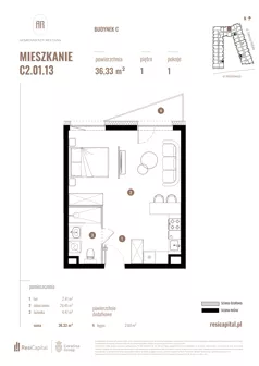 1 pokój, mieszkanie 36,33 m², piętro 1, oferta nr C2.01.13, Apartamenty Reytana, Bielsko-Biała, ul. Rejtana 3