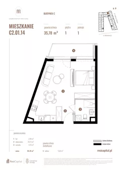1 pokój, mieszkanie 35,78 m², piętro 1, oferta nr C2.01.14, Apartamenty Reytana, Bielsko-Biała, ul. Rejtana 3