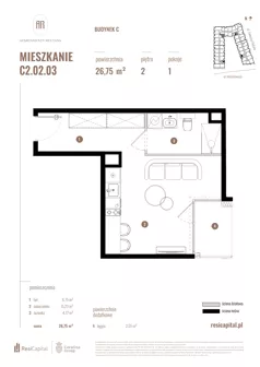 1 pokój, mieszkanie 26,75 m², piętro 2, oferta nr C2.02.03, Apartamenty Reytana, Bielsko-Biała, ul. Rejtana 3