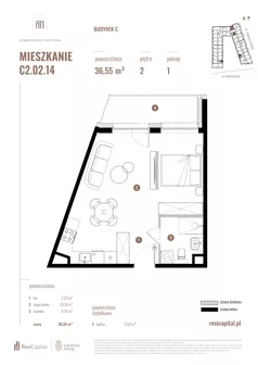1 pokój, mieszkanie 36,55 m², piętro 2, oferta nr C2.02.14, Apartamenty Reytana, Bielsko-Biała, ul. Rejtana 3