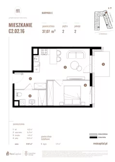 2 pokoje, mieszkanie 37,07 m², piętro 2, oferta nr C2.02.16, Apartamenty Reytana, Bielsko-Biała, ul. Rejtana 3