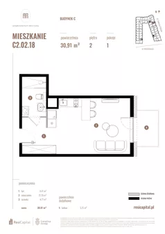 1 pokój, mieszkanie 30,91 m², piętro 2, oferta nr C2.02.18, Apartamenty Reytana, Bielsko-Biała, ul. Rejtana 3