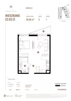 1 pokój, mieszkanie 36,98 m², piętro 3, oferta nr C2.03.13, Apartamenty Reytana, Bielsko-Biała, ul. Rejtana 3