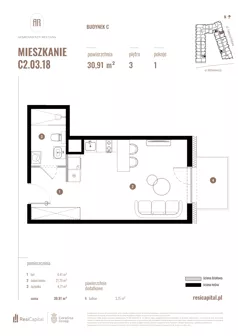 1 pokój, mieszkanie 30,91 m², piętro 3, oferta nr C2.03.18, Apartamenty Reytana, Bielsko-Biała, ul. Rejtana 3