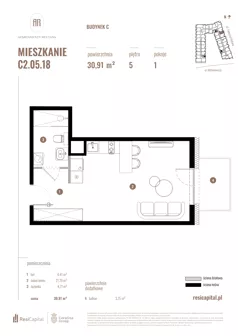 1 pokój, mieszkanie 30,91 m², piętro 5, oferta nr C2.05.18, Apartamenty Reytana, Bielsko-Biała, ul. Rejtana 3