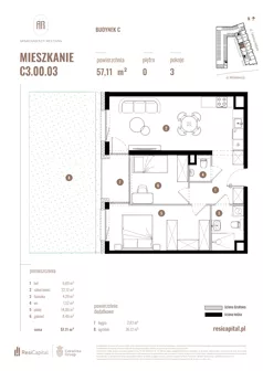 3 pokoje, mieszkanie 57,11 m², parter, oferta nr C3.00.03, Apartamenty Reytana, Bielsko-Biała, ul. Rejtana 3