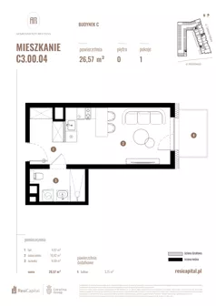 1 pokój, mieszkanie 26,57 m², parter, oferta nr C3.00.04, Apartamenty Reytana, Bielsko-Biała, ul. Rejtana 3