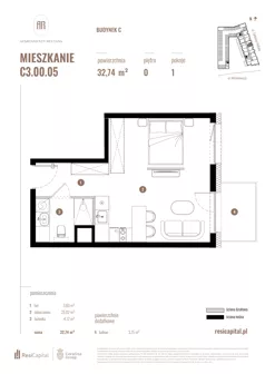1 pokój, mieszkanie 32,74 m², parter, oferta nr C3.00.05, Apartamenty Reytana, Bielsko-Biała, ul. Rejtana 3