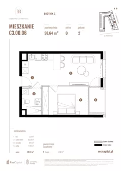 2 pokoje, mieszkanie 36,59 m², piętro 1, oferta nr C2.01.08, Apartamenty Reytana, Bielsko-Biała, ul. Rejtana 3