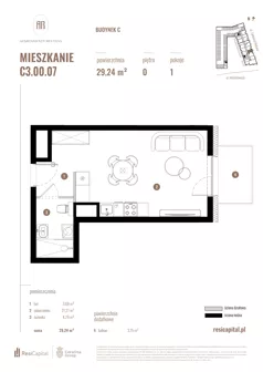 1 pokój, mieszkanie 29,24 m², parter, oferta nr C3.00.07, Apartamenty Reytana, Bielsko-Biała, ul. Rejtana 3