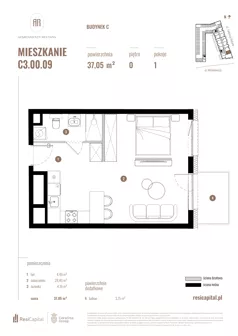 1 pokój, mieszkanie 33,46 m², piętro 1, oferta nr C2.01.12, Apartamenty Reytana, Bielsko-Biała, ul. Rejtana 3