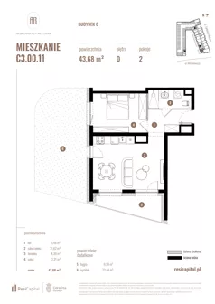 2 pokoje, mieszkanie 43,68 m², parter, oferta nr C3.00.11, Apartamenty Reytana, Bielsko-Biała, ul. Rejtana 3