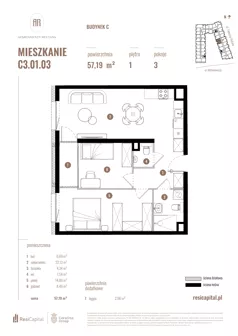 1 pokój, mieszkanie 57,19 m², piętro 1, oferta nr C3.01.03, Apartamenty Reytana, Bielsko-Biała, ul. Rejtana 3