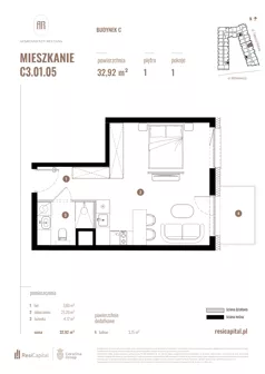1 pokój, mieszkanie 32,92 m², piętro 1, oferta nr C3.01.05, Apartamenty Reytana, Bielsko-Biała, ul. Rejtana 3