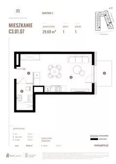 1 pokój, mieszkanie 29,69 m², piętro 1, oferta nr C3.01.07, Apartamenty Reytana, Bielsko-Biała, ul. Rejtana 3