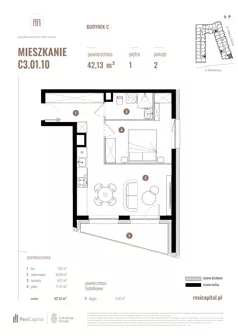 2 pokoje, mieszkanie 42,13 m², piętro 1, oferta nr C3.01.10, Apartamenty Reytana, Bielsko-Biała, ul. Rejtana 3