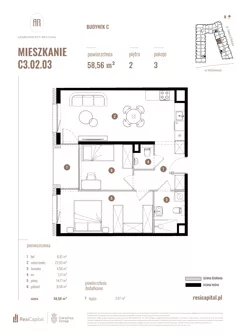 3 pokoje, mieszkanie 58,56 m², piętro 2, oferta nr C3.02.03, Apartamenty Reytana, Bielsko-Biała, ul. Rejtana 3