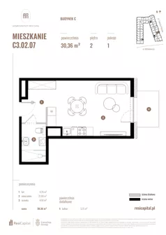 1 pokój, mieszkanie 30,36 m², piętro 2, oferta nr C3.02.07, Apartamenty Reytana, Bielsko-Biała, ul. Rejtana 3