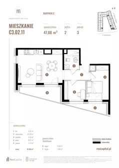 3 pokoje, mieszkanie 47,88 m², piętro 2, oferta nr C3.02.11, Apartamenty Reytana, Bielsko-Biała, ul. Rejtana 3