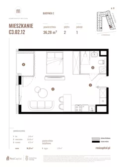 1 pokój, mieszkanie 36,28 m², piętro 2, oferta nr C3.02.12, Apartamenty Reytana, Bielsko-Biała, ul. Rejtana 3