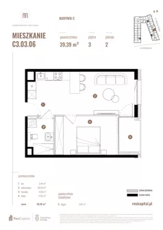 2 pokoje, mieszkanie 39,39 m², piętro 3, oferta nr C3.03.06, Apartamenty Reytana, Bielsko-Biała, ul. Rejtana 3