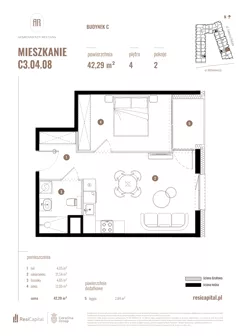 2 pokoje, mieszkanie 42,29 m², piętro 4, oferta nr C3.04.08, Apartamenty Reytana, Bielsko-Biała, ul. Rejtana 3