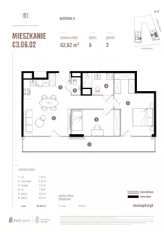 3 pokoje, mieszkanie 62,62 m², piętro 6, oferta nr C3.06.02, Apartamenty Reytana, Bielsko-Biała, ul. Rejtana 3
