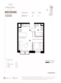 1 pokój, apartament 29,47 m², piętro 3, oferta nr 1.03.05., Katowicka Residence, Katowice, Bogucice, ul. Katowicka