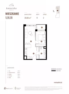 2 pokoje, apartament 39,89 m², piętro 11, oferta nr 1.11.11., Katowicka Residence, Katowice, Bogucice, ul. Katowicka