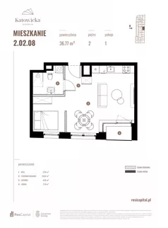 1 pokój, apartament 36,77 m², piętro 2, oferta nr 2.02.08., Katowicka Residence, Katowice, Bogucice, ul. Katowicka