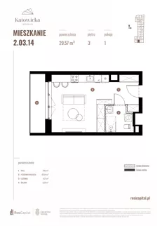 1 pokój, apartament 29,57 m², piętro 3, oferta nr 2.03.14., Katowicka Residence, Katowice, Bogucice, ul. Katowicka