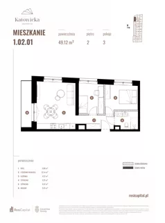 3 pokoje, apartament 49,12 m², piętro 2, oferta nr 1.02.01., Katowicka Residence, Katowice, Bogucice, ul. Katowicka