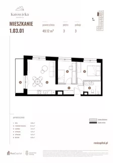 3 pokoje, apartament 49,12 m², piętro 3, oferta nr 1.03.01., Katowicka Residence, Katowice, Bogucice, ul. Katowicka