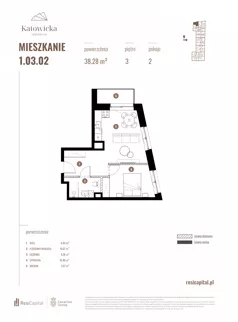 2 pokoje, apartament 38,28 m², piętro 3, oferta nr 1.03.02., Katowicka Residence, Katowice, Bogucice, ul. Katowicka