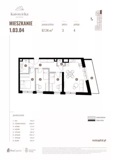 4 pokoje, apartament 67,24 m², piętro 3, oferta nr 1.03.04., Katowicka Residence, Katowice, Bogucice, ul. Katowicka
