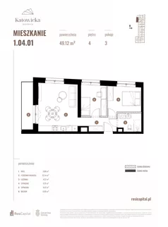 3 pokoje, apartament 49,12 m², piętro 4, oferta nr 1.04.01., Katowicka Residence, Katowice, Bogucice, ul. Katowicka