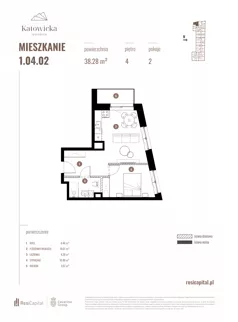 2 pokoje, apartament 38,28 m², piętro 4, oferta nr 1.04.02., Katowicka Residence, Katowice, Bogucice, ul. Katowicka