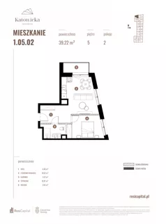 2 pokoje, apartament 39,22 m², piętro 5, oferta nr 1.05.02., Katowicka Residence, Katowice, Bogucice, ul. Katowicka